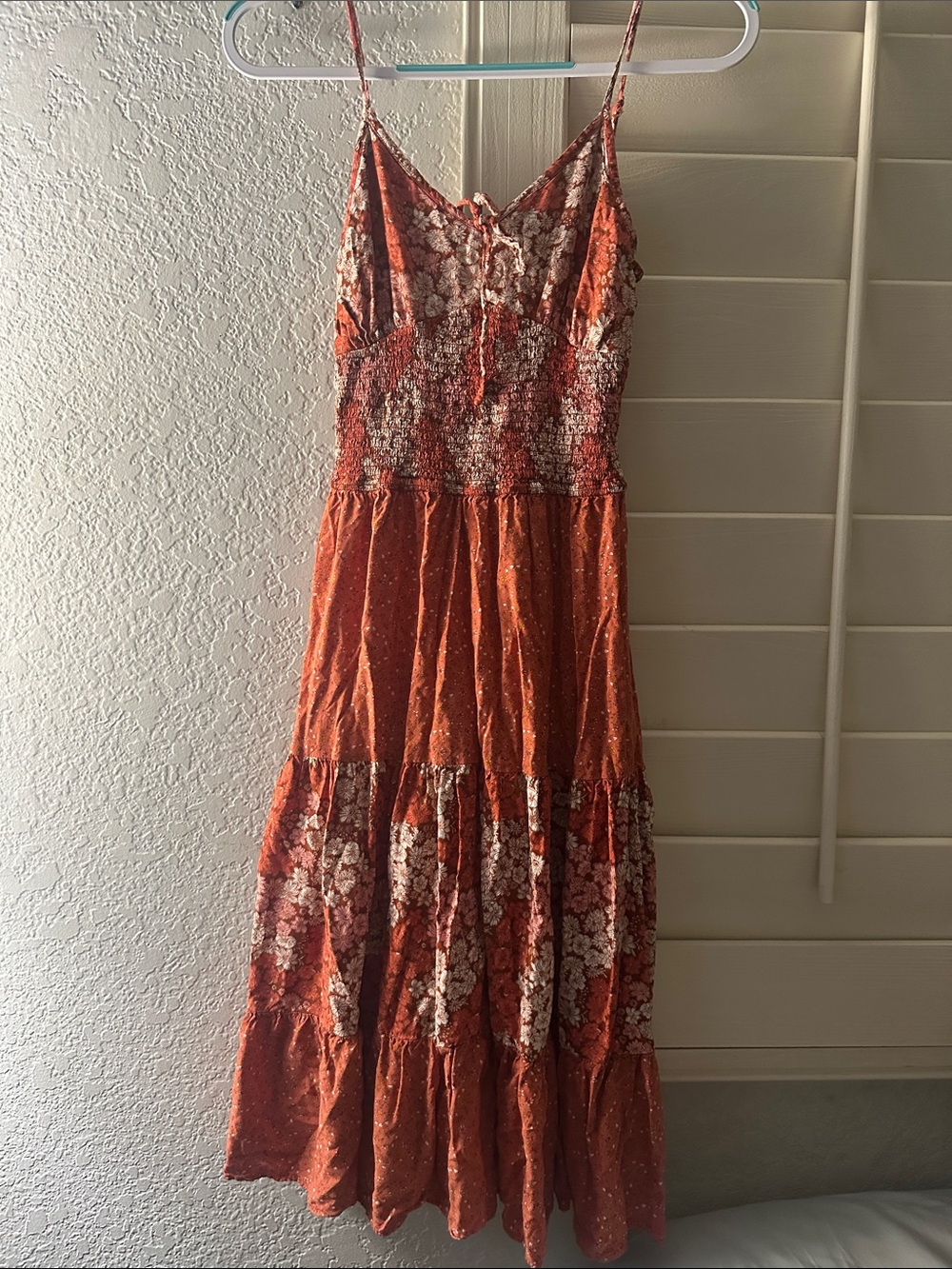 Rust Floral Midi Dress with Tiered Skirt and Spaghetti Straps